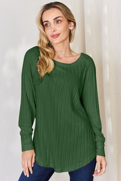 Basic Bae Full Size Ribbed Round Neck Slit T-Shirt Mid Green