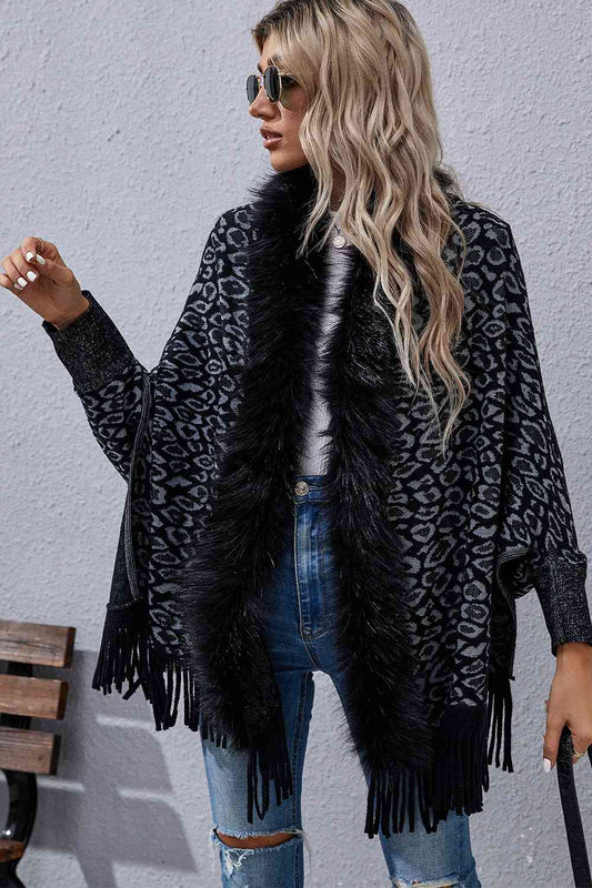 Leopard Fringe Detail Poncho Black