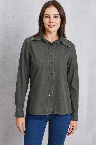 Collared Neck Button Up Denim Top Charcoal