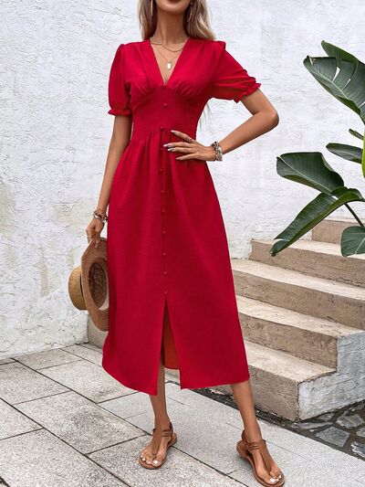 V-Neck Decorative Button Slit Midi Dress Red