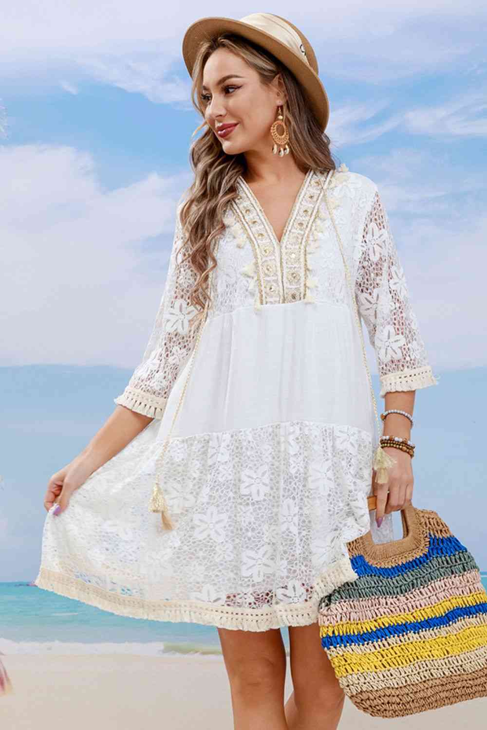 Tassel Spliced Lace Cover Up Ivory One Size