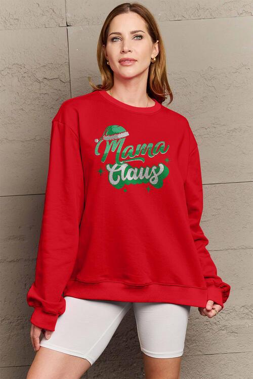 Simply Love Full Size MAMA CLAUS Round Neck Sweatshirt Deep Red