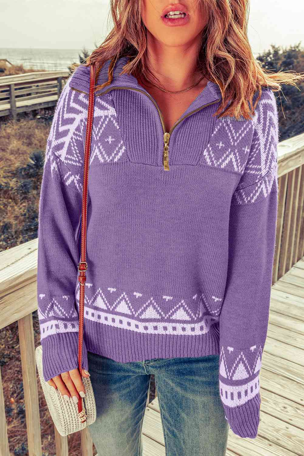 Zip-Up Mock Neck Dropped Shoulder Pullover Sweater Lavender