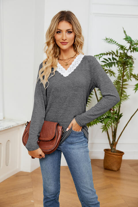 Lace Detailed V Neck Top Charcoal