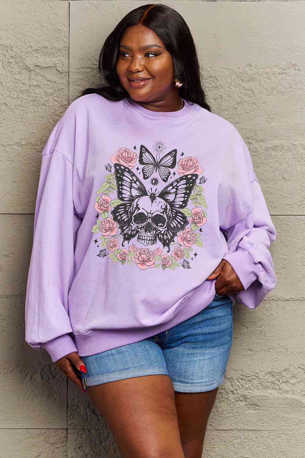 Simply Love Simply Love Full Size Skull Butterfly Graphic Sweatshirt Dusty Purple