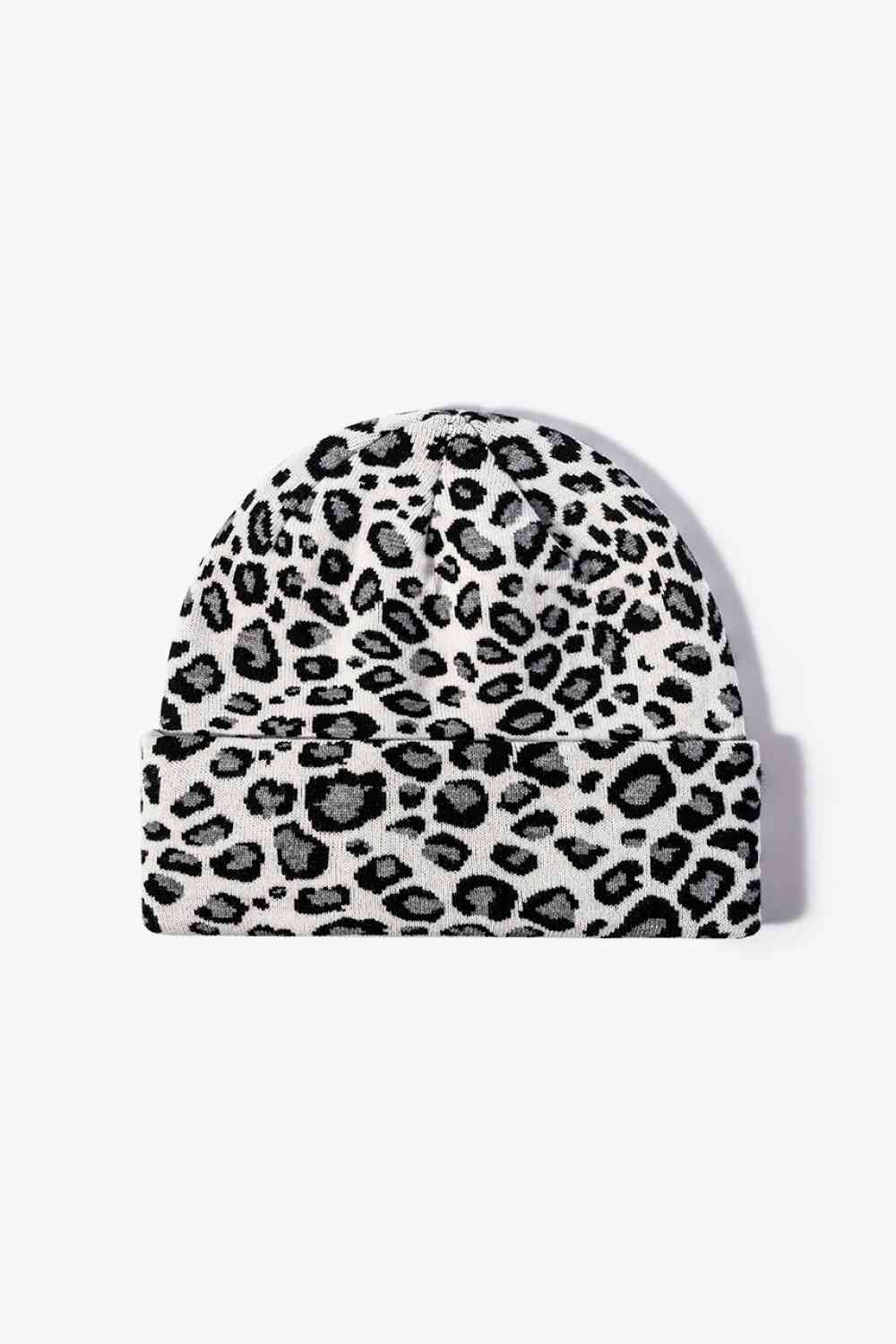 Leopard Pattern Cuffed Beanie Beige One Size