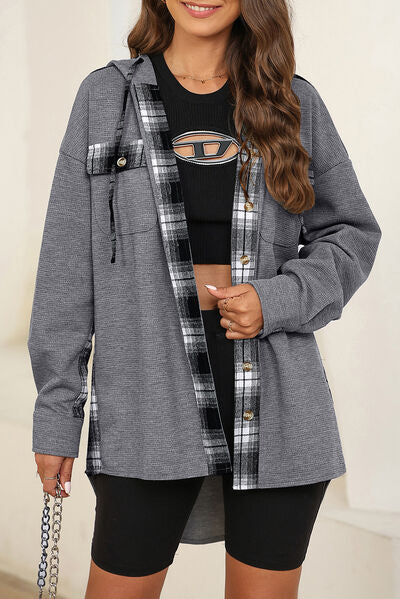 Plaid Waffle-Knit Drawstring Hooded Jacket Charcoal