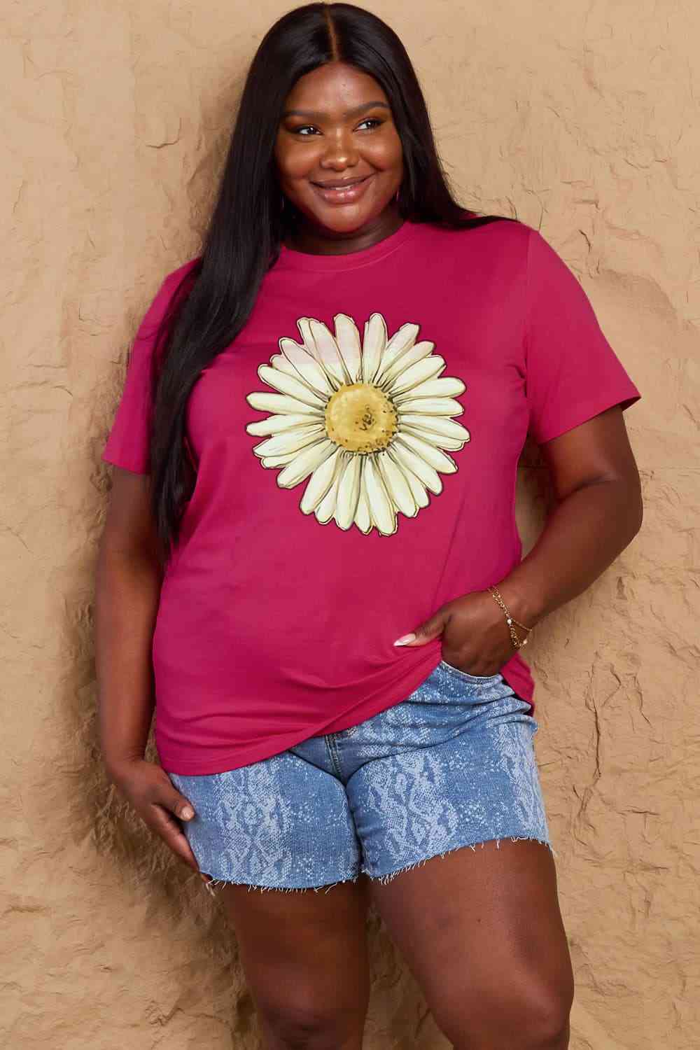 Simply Love Full Size FLOWER Graphic Cotton Tee Deep Rose