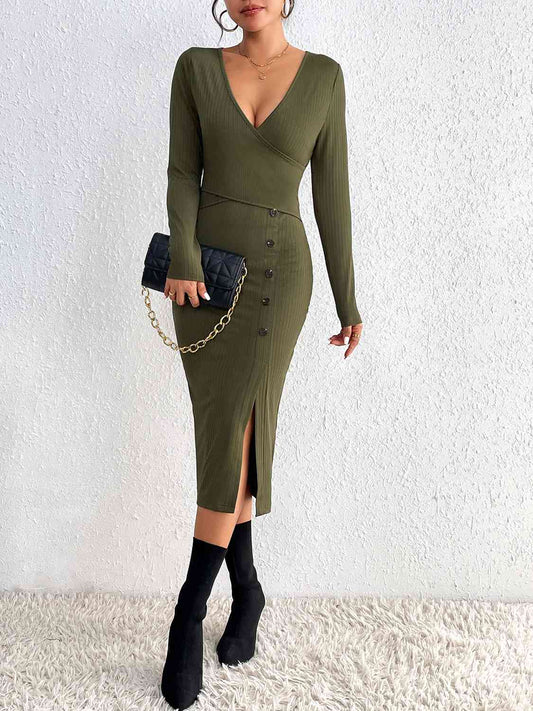 Buttoned Surplice Neck Slit Dress Army Green