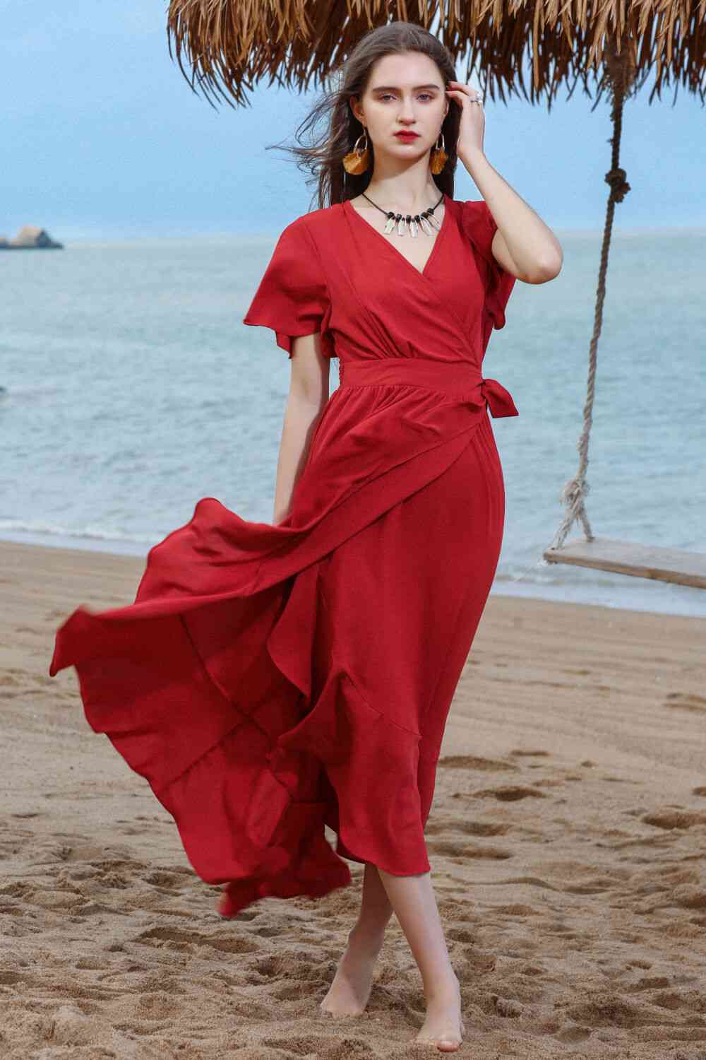 Ruffled Flutter Sleeve Tied Surplice Dress Deep Red