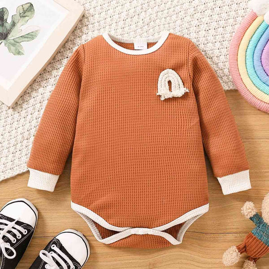 Baby Contrast Trim Waffle-Knit Long Sleeve Bodysuit Orange