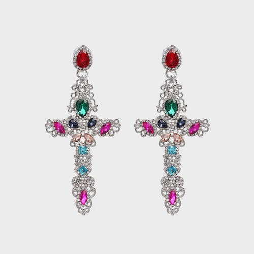 Rhinestone Alloy Cross Earrings Silver One Size