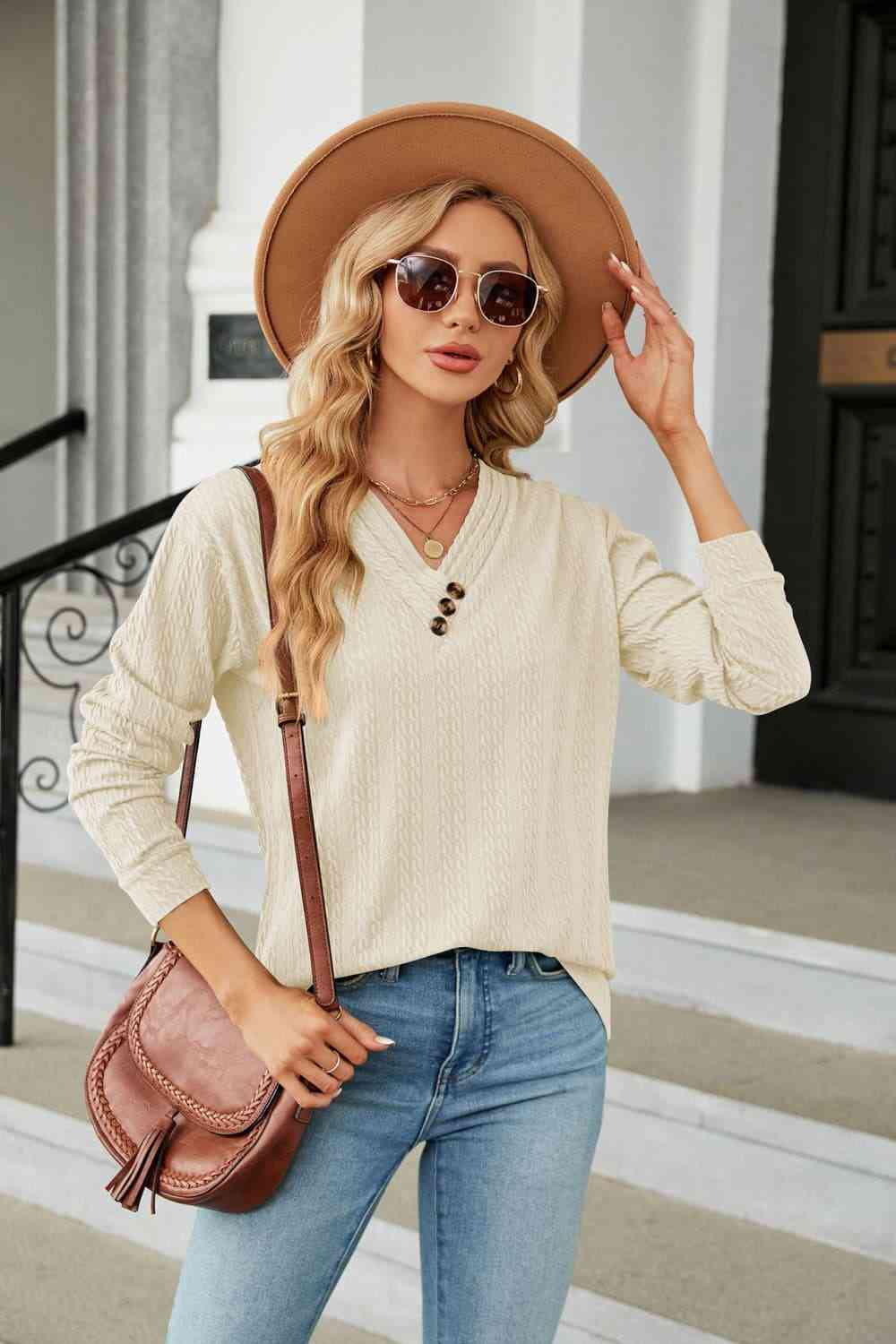 Decorative Button V-Neck Long Sleeve T-Shirt Cream