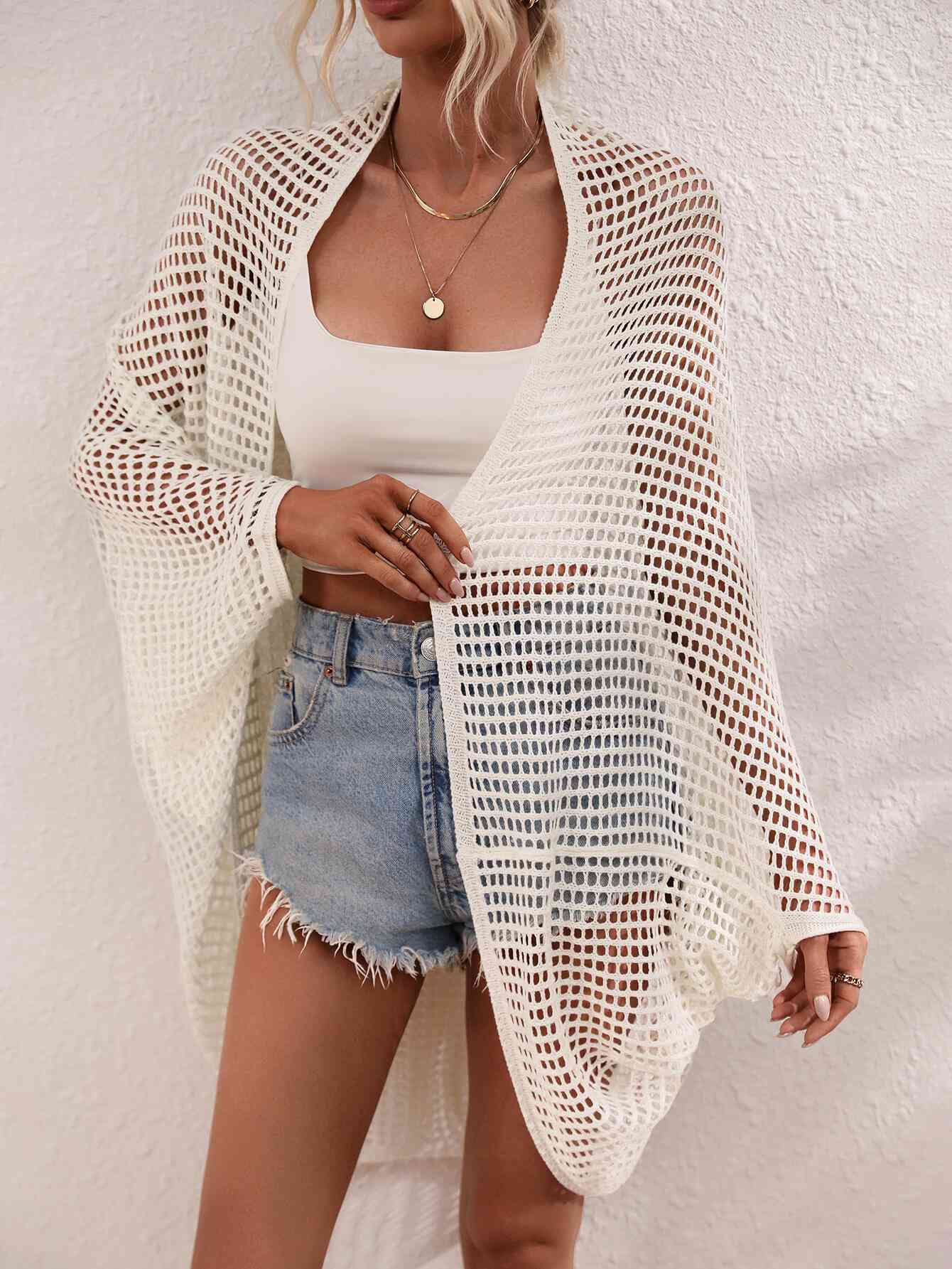 Openwork Open Front Longline Cover Up White