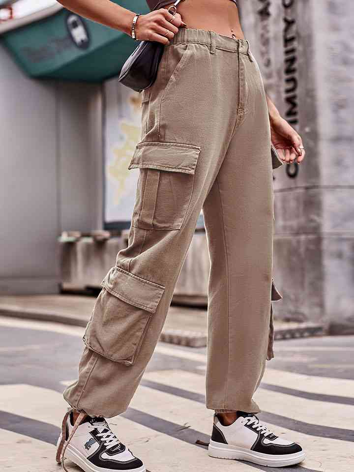 Elastic Waist Cargo Jeans Khaki