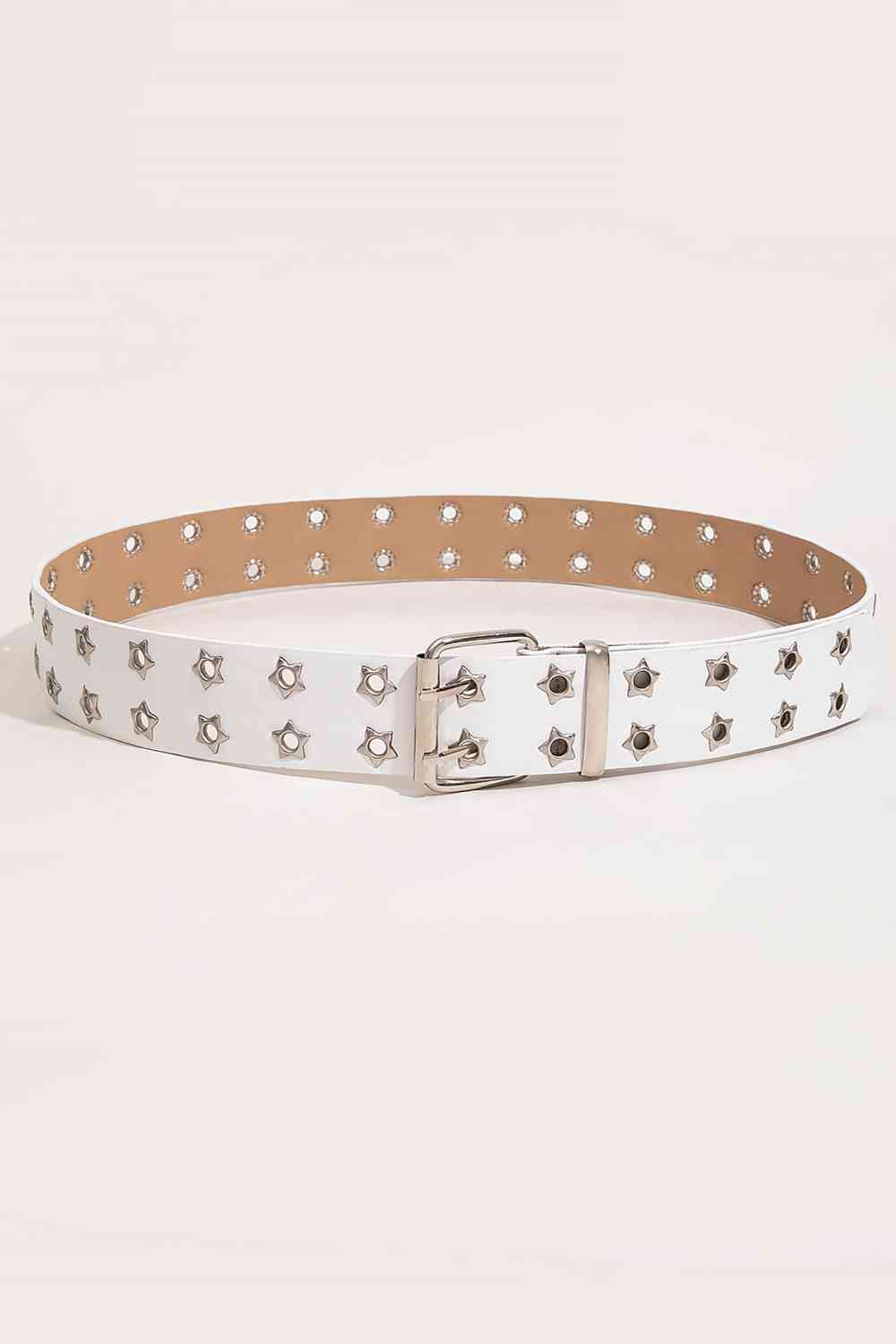 Double Row Star Grommet PU Leather Belt White