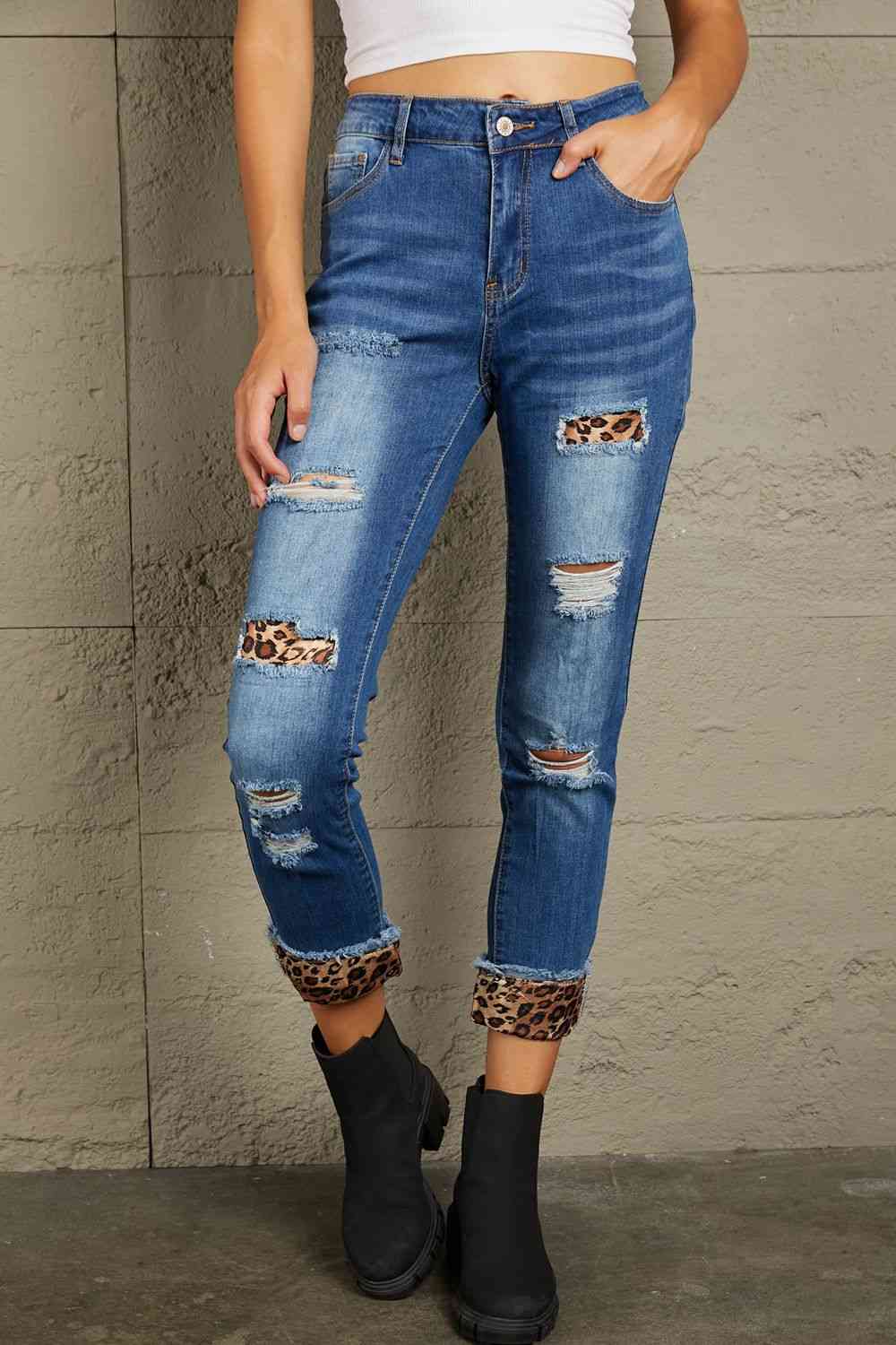 Baeful Leopard Patch Distressed Cropped Jeans Blue
