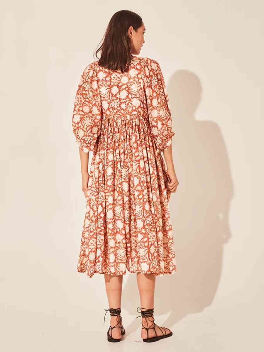 Floral Tie Neck Lantern Sleeve Dress