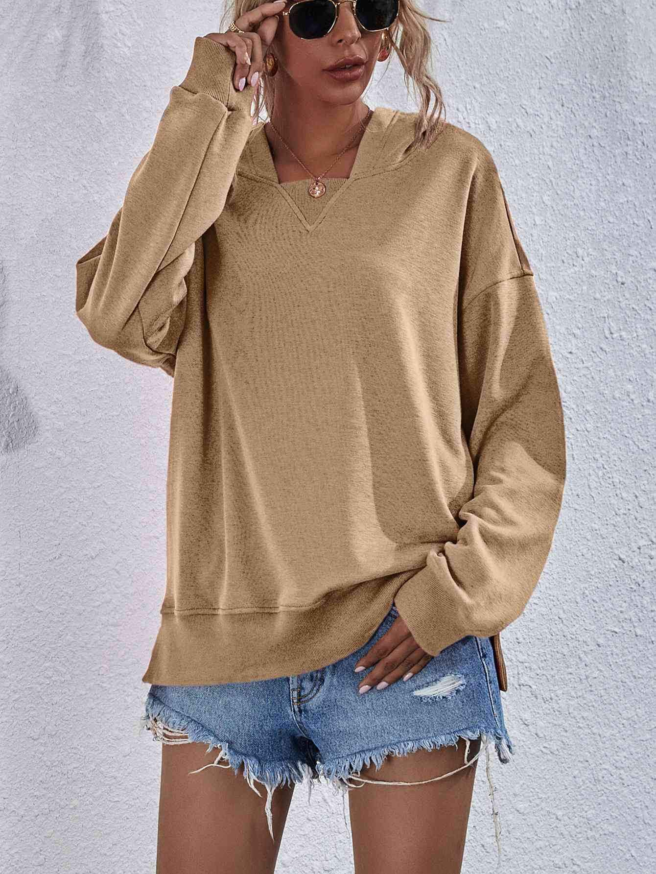 Dropped Shoulder Slit Hoodie Tan