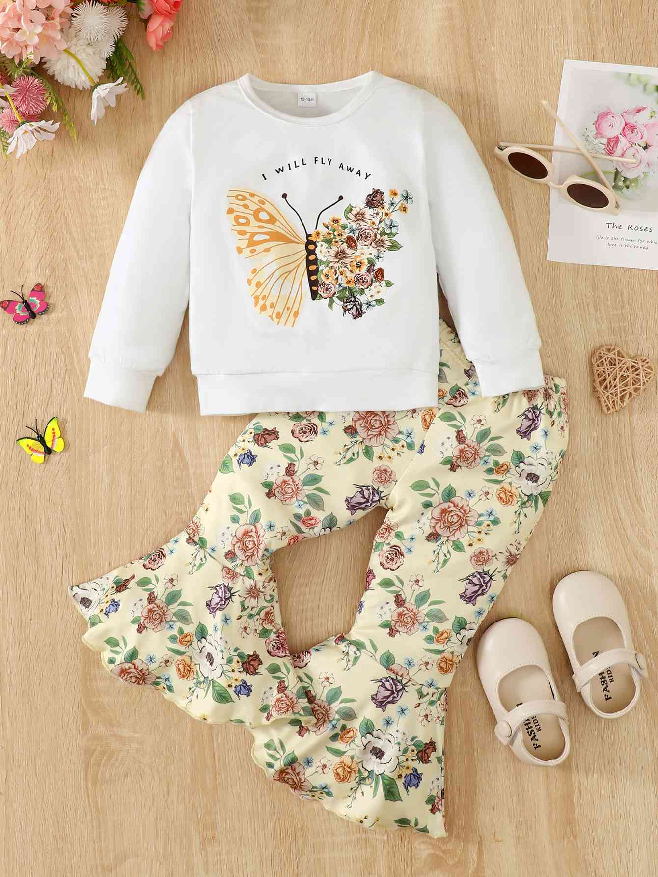 I Will FLY AWAY Butterfly Graphic Tee and Floral Print Flare Pants Kit Floral