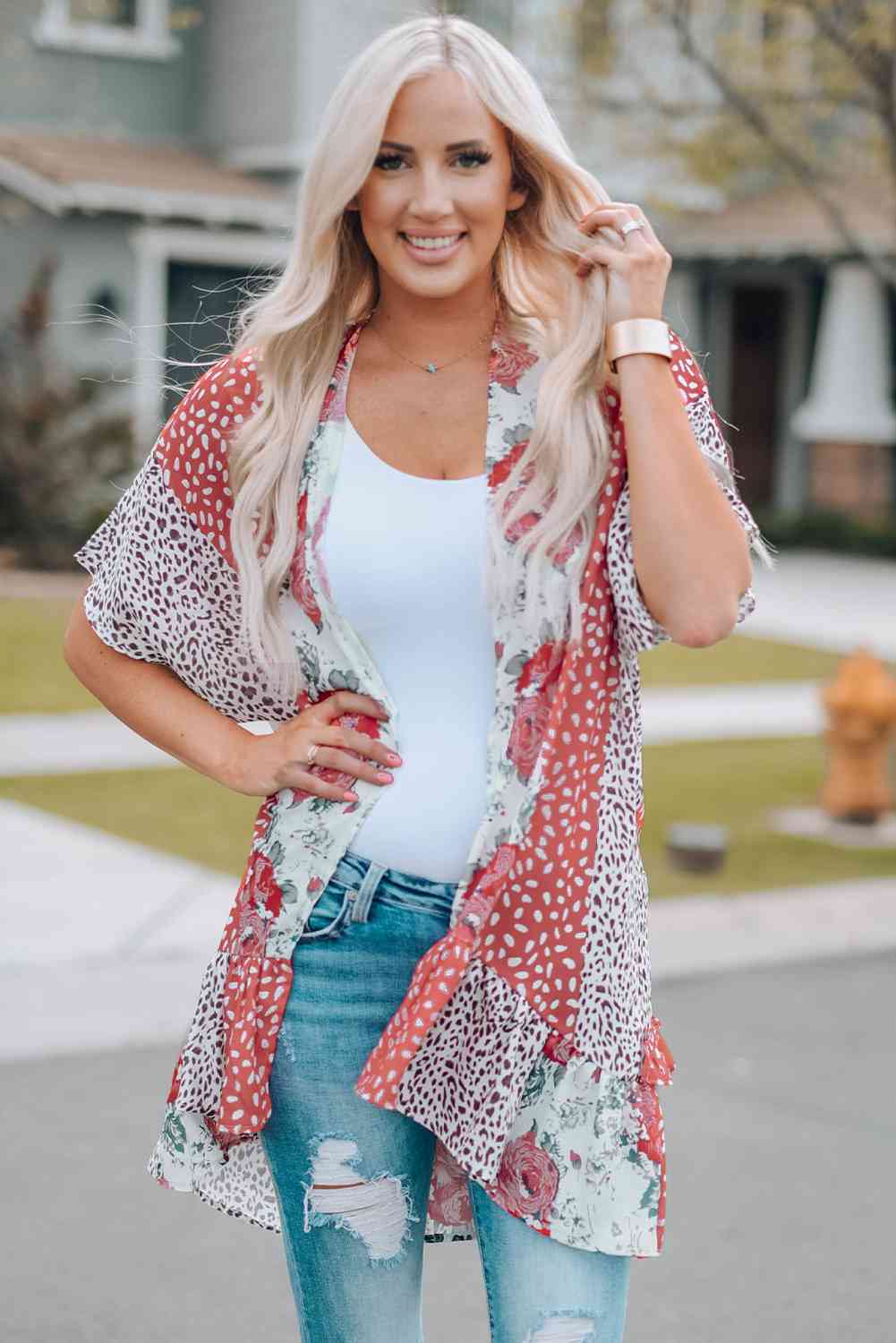 Mixed Print Ruffle Hem Kimono Pink L