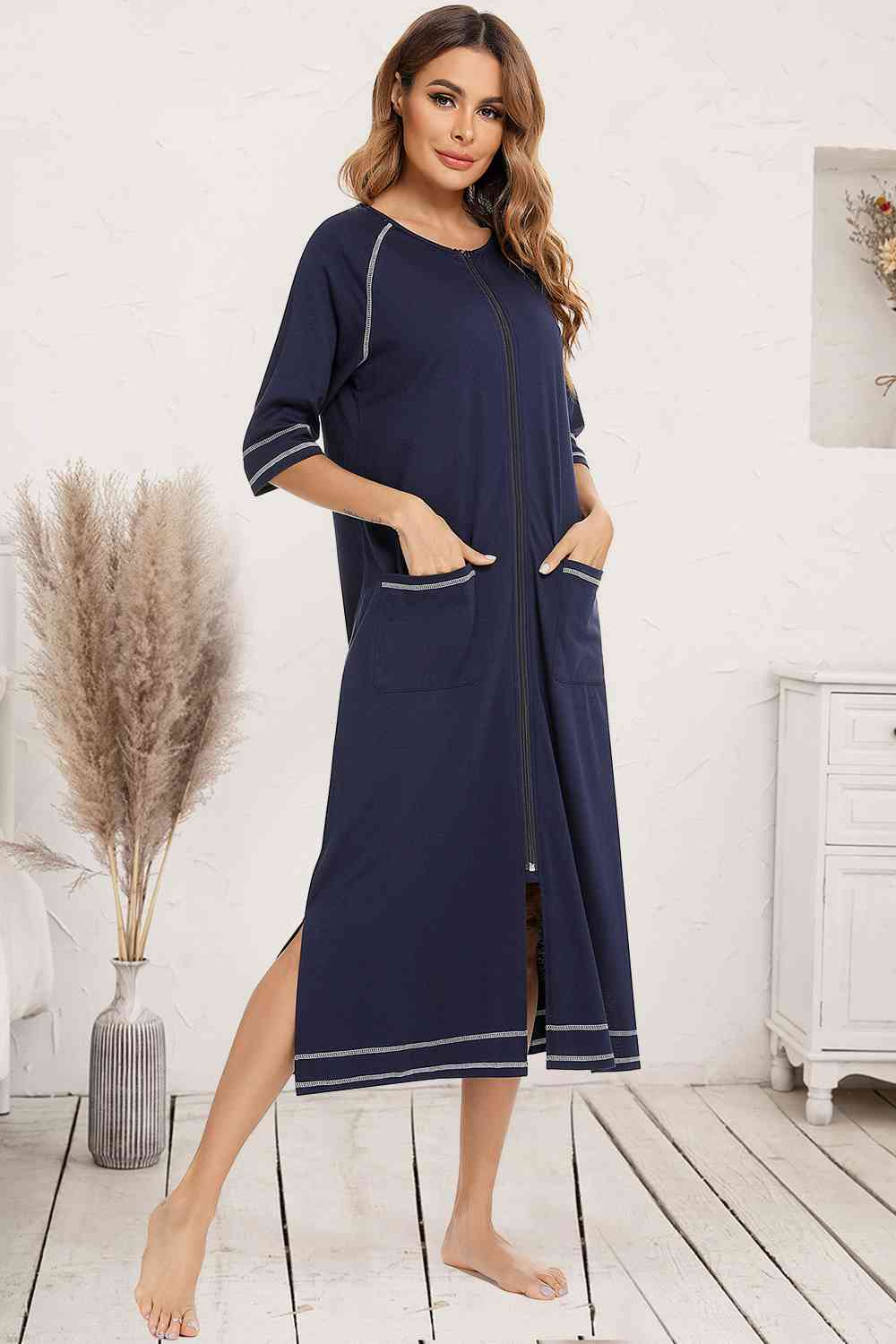 Zip Up Slit Round Neck Night Dress with Pockets Dark Navy