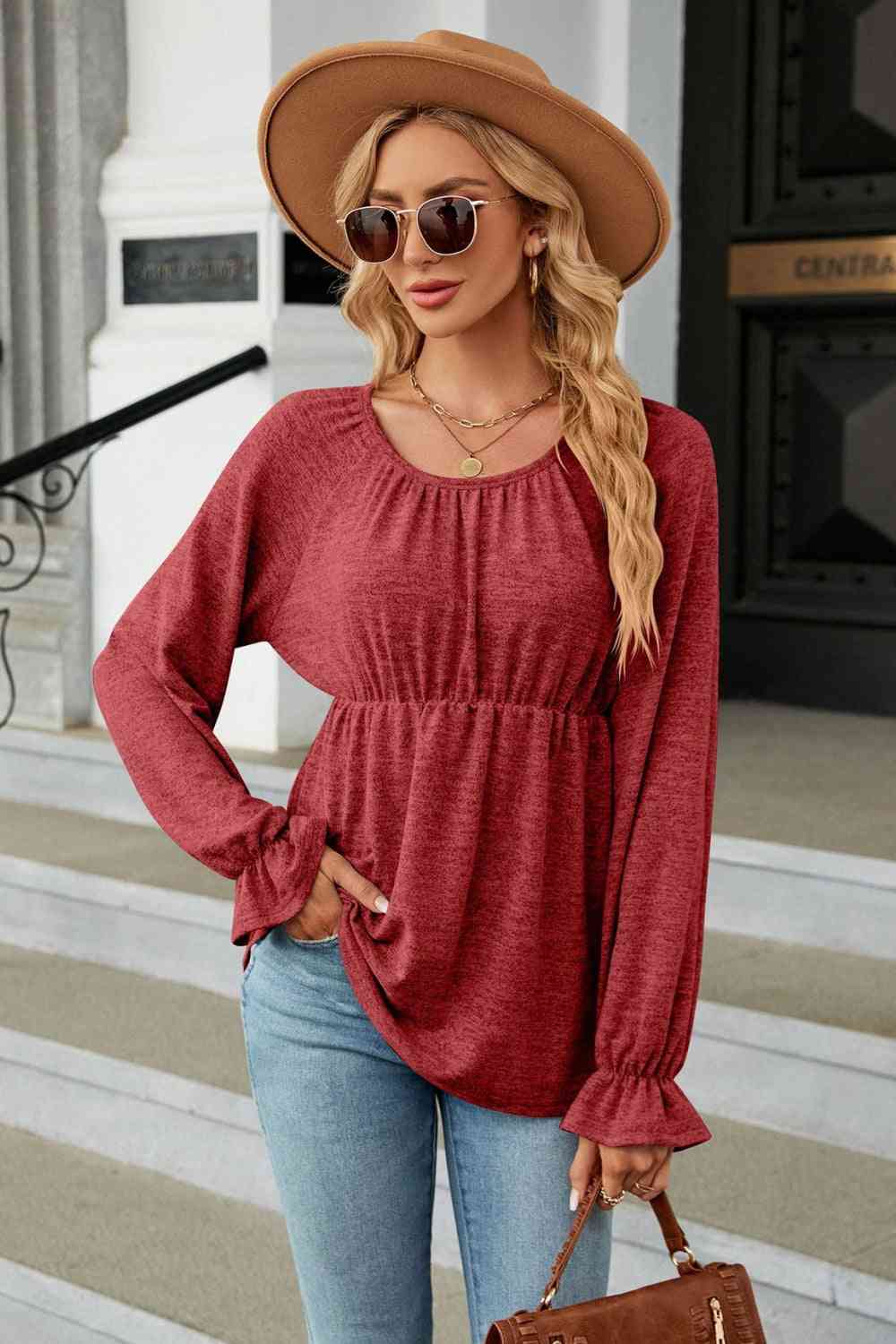 Round Neck Flounce Sleeve Blouse Brick Red