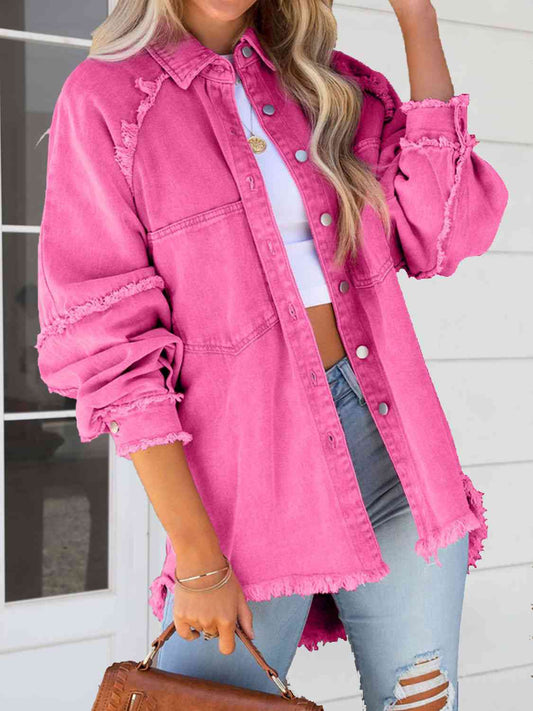 Button Down Raw Hem Denim Jacket Fuchsia Pink