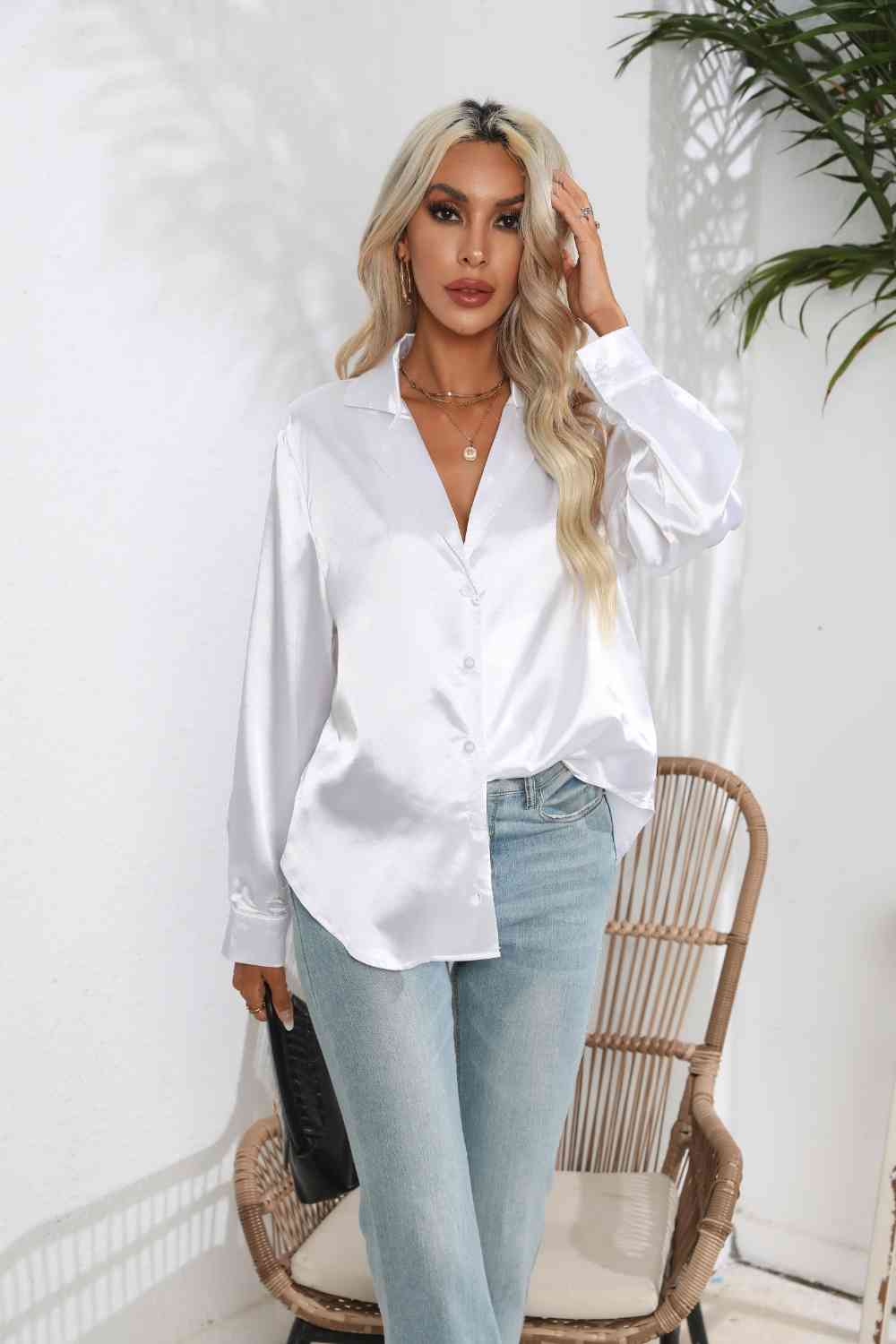 Lapel Collar Button Up Long Sleeve Shirt White