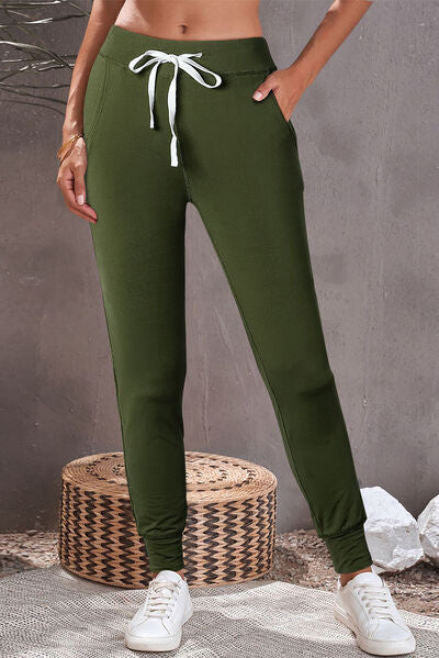Drawstring Joggers with Pockets Army Green