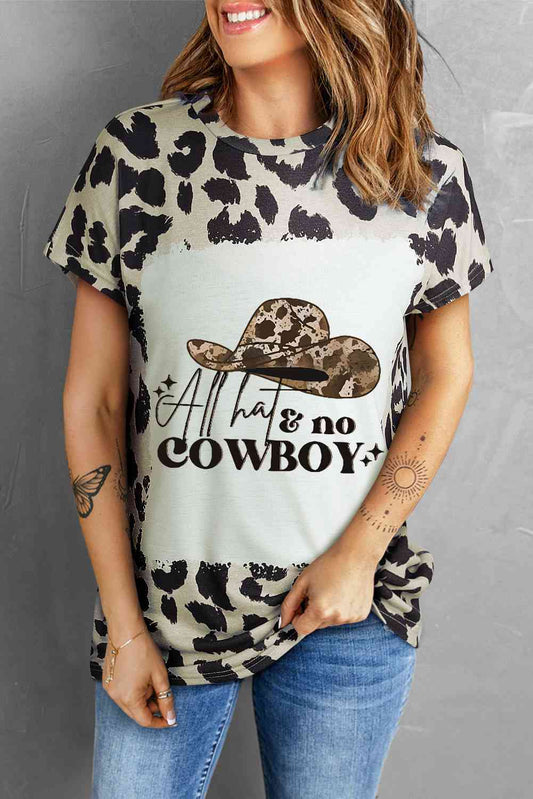 Round Neck Short Sleeve Printed ALL HATS NO COWBOY Graphic Tee Leopard