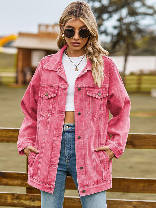 Collared Neck Denim Jacket With Pockets Hot Pink