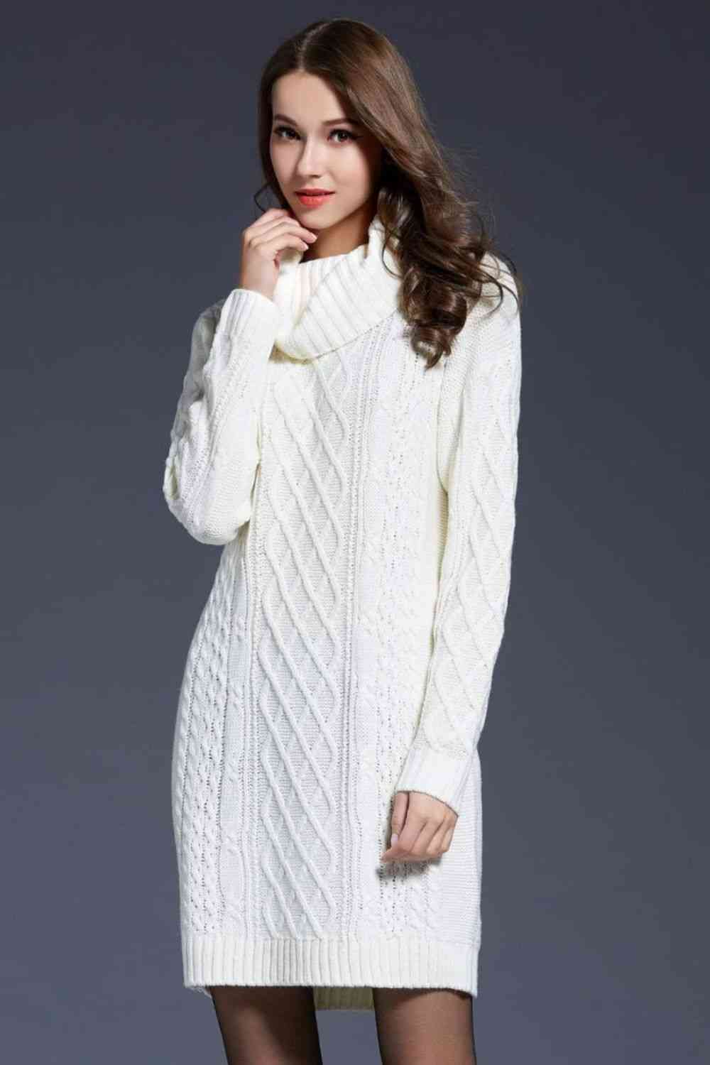 Woven Right Full Size Mixed Knit Cowl Neck Dropped Shoulder Sweater Dress White