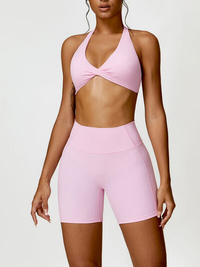 Twisted Halter Neck Bra and Shorts Active Set Blush Pink