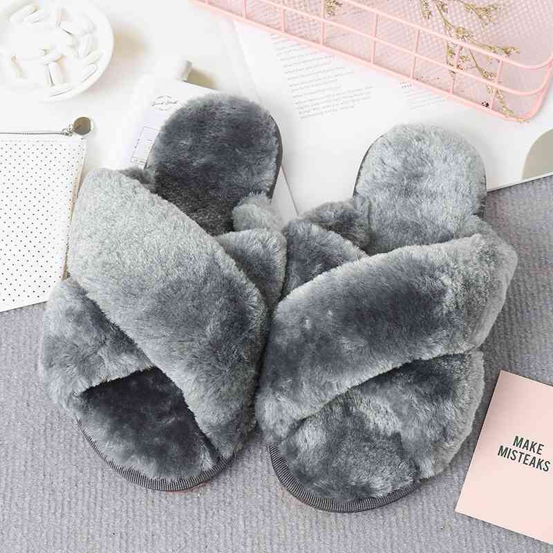 Faux Fur Crisscross Strap Slippers Charcoal