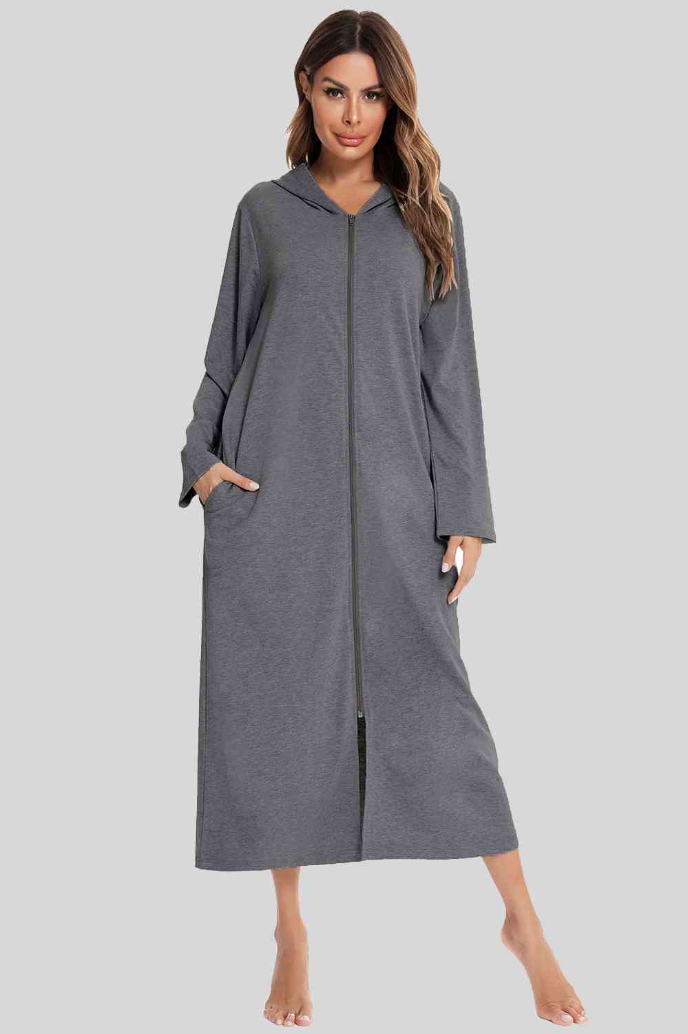 Zip Front Hooded Night Dress with Pockets Charcoal