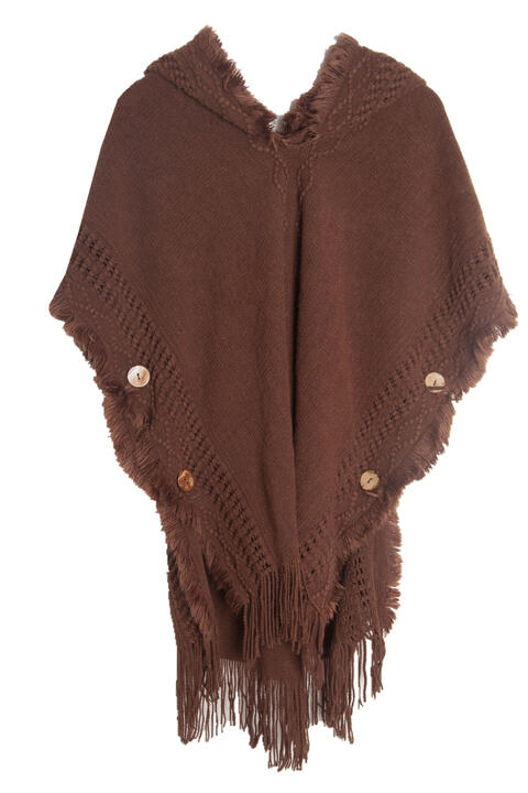 Fringe Hem Hooded Poncho Chestnut One Size