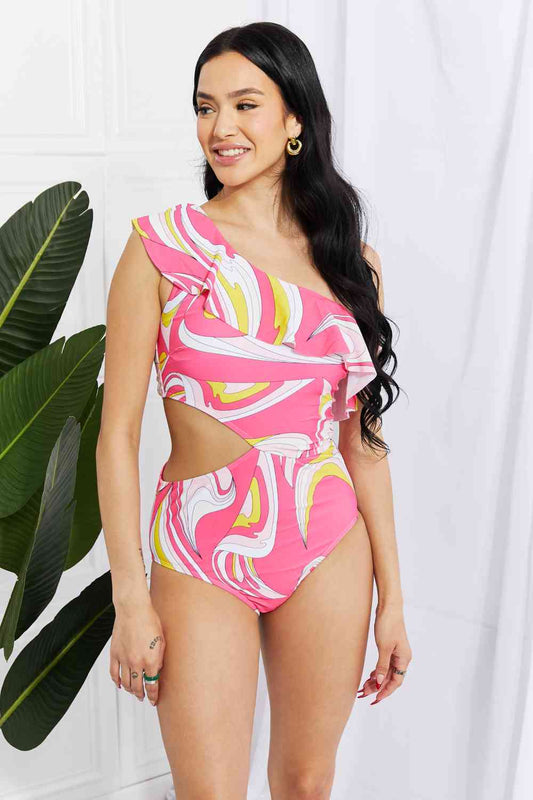 Marina West Swim Vitamin C Asymmetric Cutout Ruffle Swimsuit in Pink Carnation Pink
