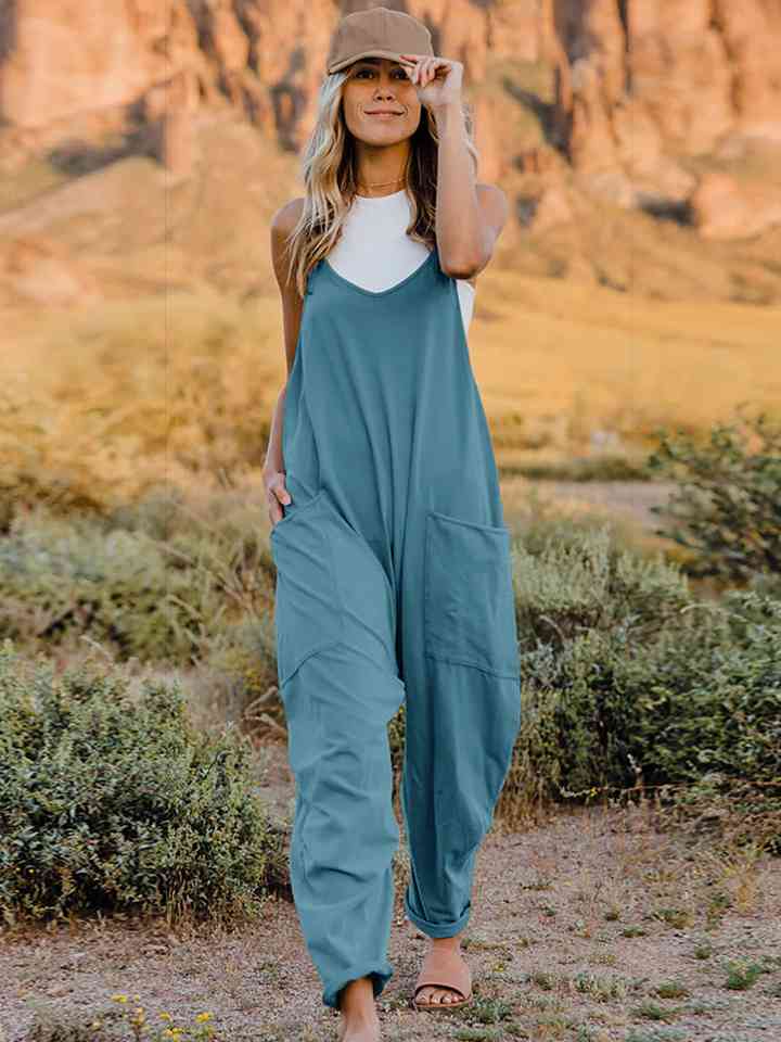 Double Take V-Neck Sleeveless Jumpsuit with Pocket Azure