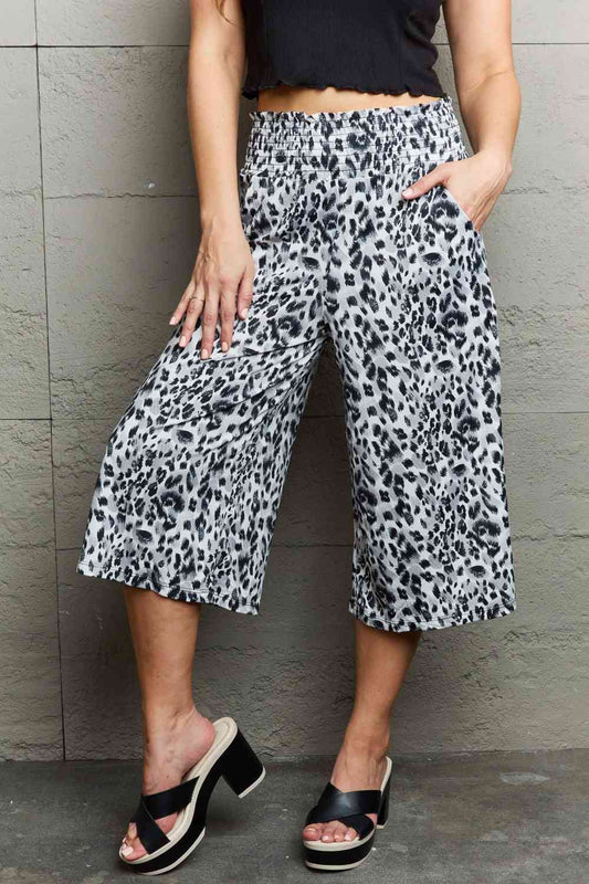 Ninexis Leopard High Waist Flowy Wide Leg Pants with Pockets Grey Leopard