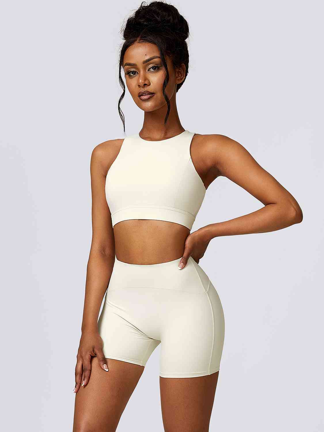 Cutout Cropped Sport Tank and Shorts Set Cream