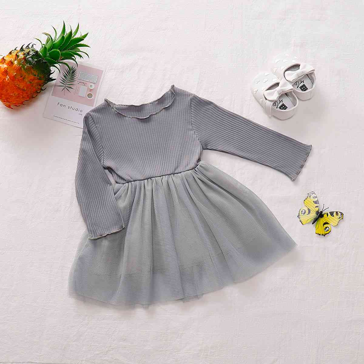 Girls Round Neck Ribbed Tulle Dress