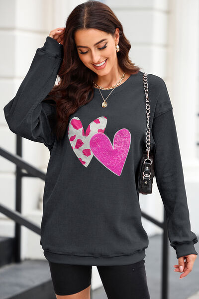 Heart Round Neck Dropped Shoulder Sweatshirt Black