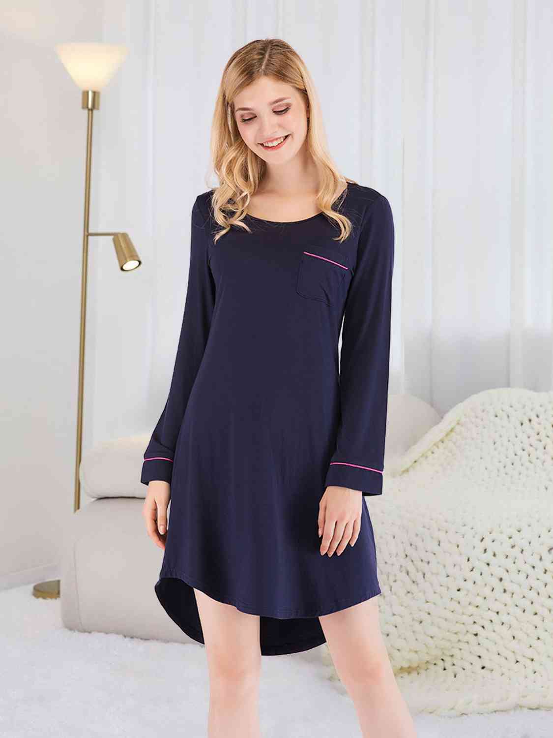 Round Neck Night Dress with Pocket Dark Navy