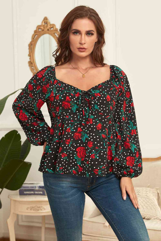 Melo Apparel Plus Size Floral Balloon Sleeve Blouse Black