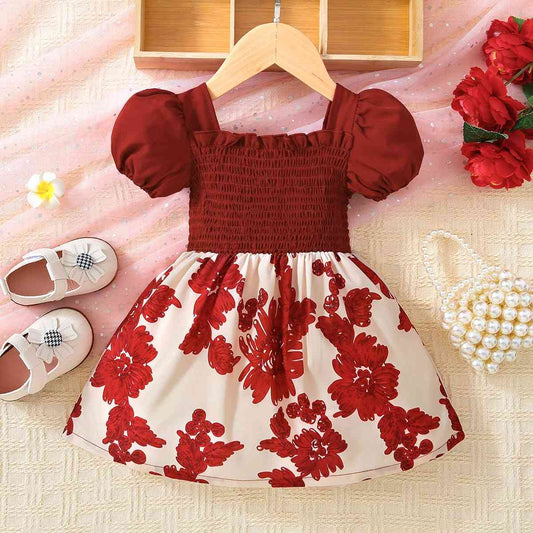 Baby Girl Floral Frill Trim Square Neck Smocked Dress Deep Red