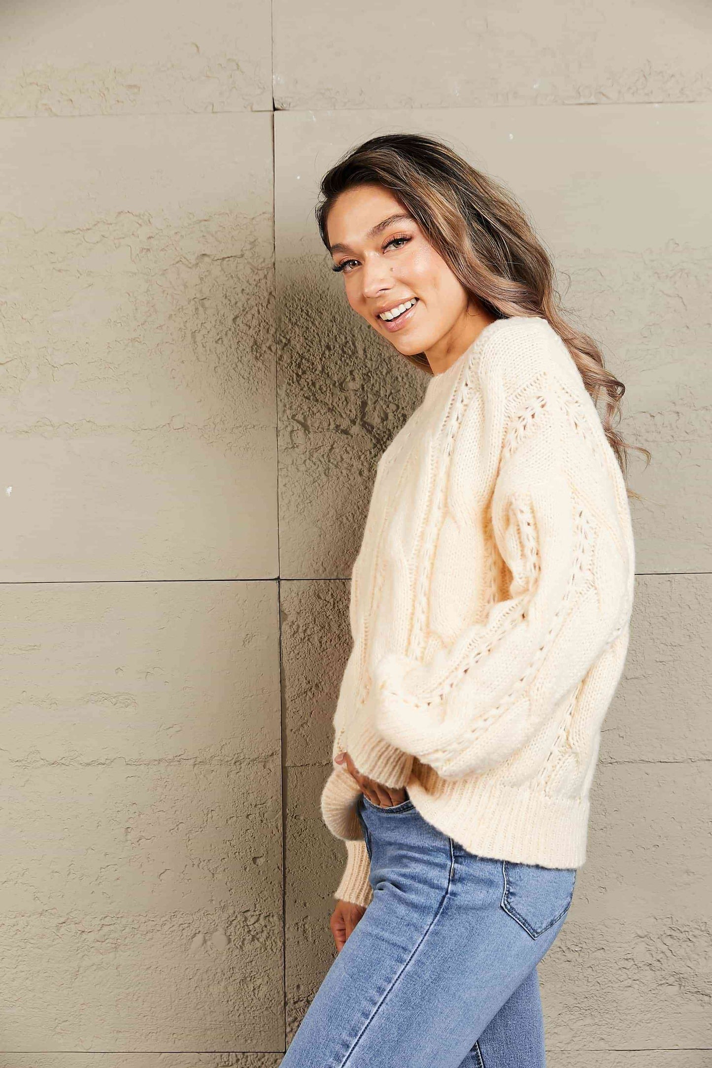 Woven Right Cable-Knit Openwork Round Neck Sweater