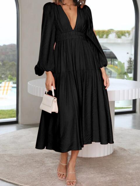 Deep V-Neck Balloon Sleeve Plain Maxi Dress Black