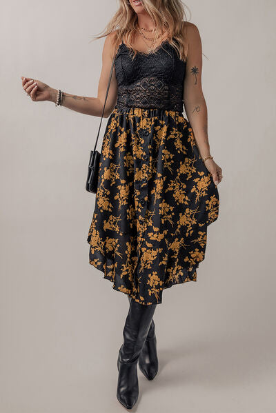 Floral Buttoned Ruffle Hem Skirt Black