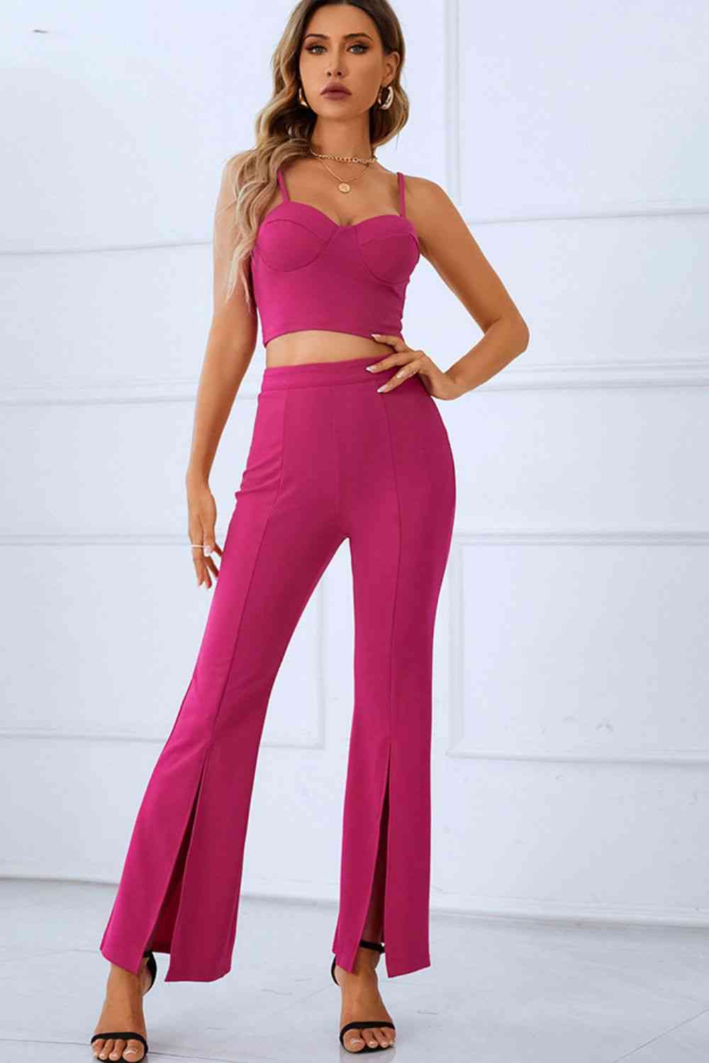 Sweetheart Neck Sports Cami and Slit Ankle Flare Pants Set Deep Rose